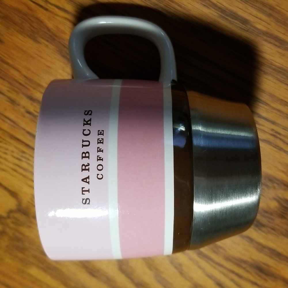 2007 STARBUCKS MUG W/PINK &BROWN STRIPES & METAL BOTTOM